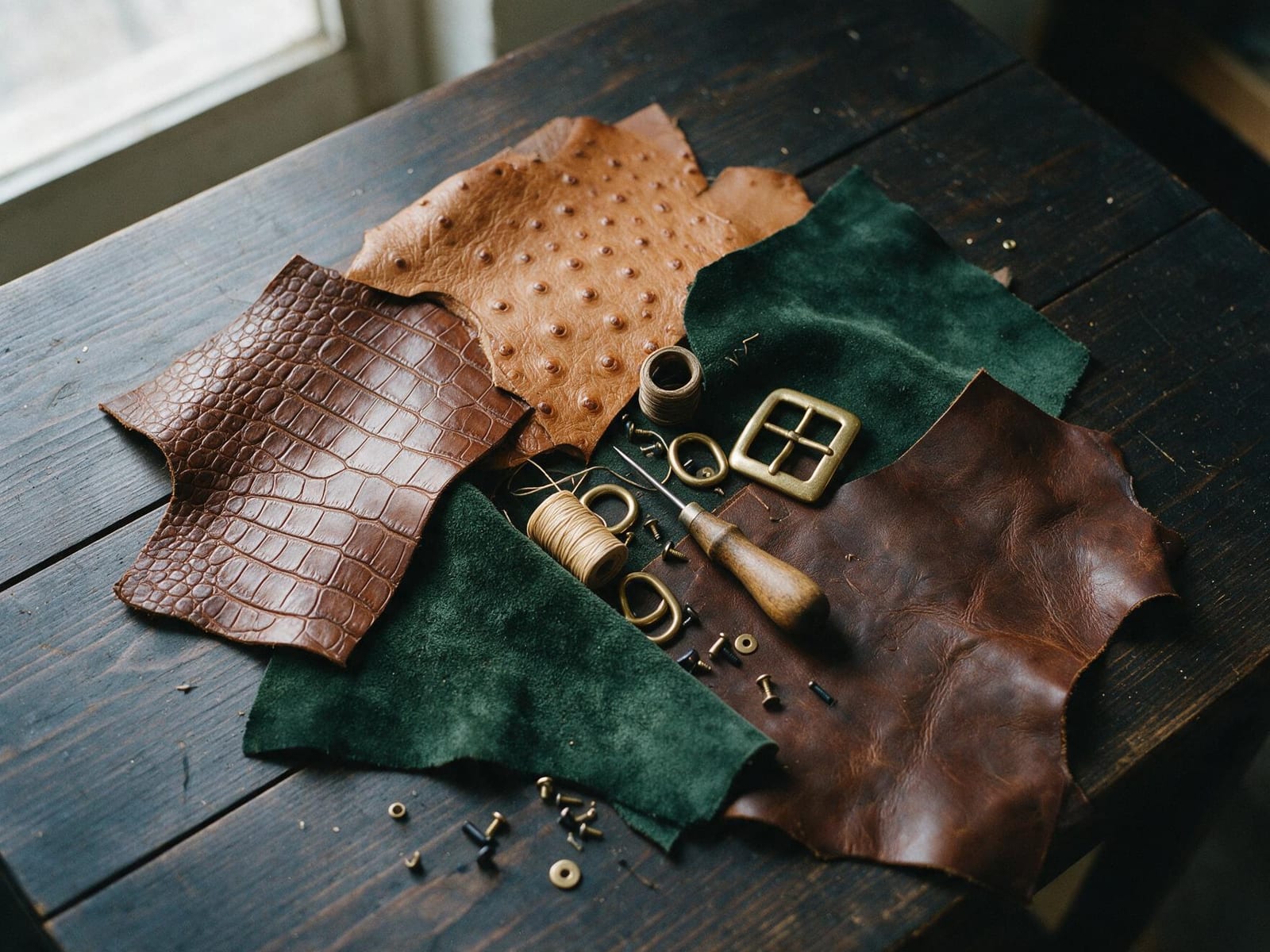 Leather samples, fittings and thread for a bespoke case